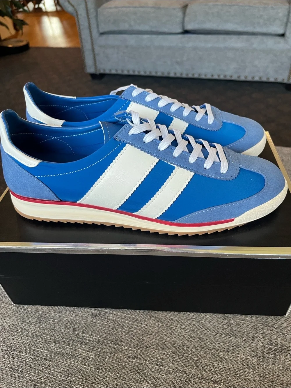 Madden Girl Blue and White Retro Jumper Sneakers with Red Trim